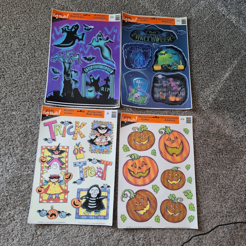 Lot of 4 Halloween Window Clings Scary Fun Stuff Sheets Ghosts Pumpkins Hallowee
